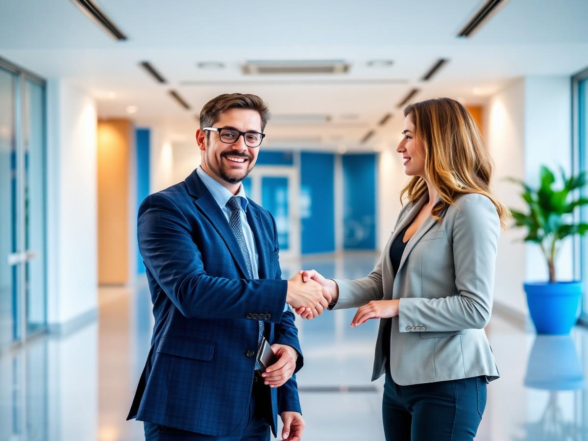 Profissionais fechando negócio em escritório corporativo