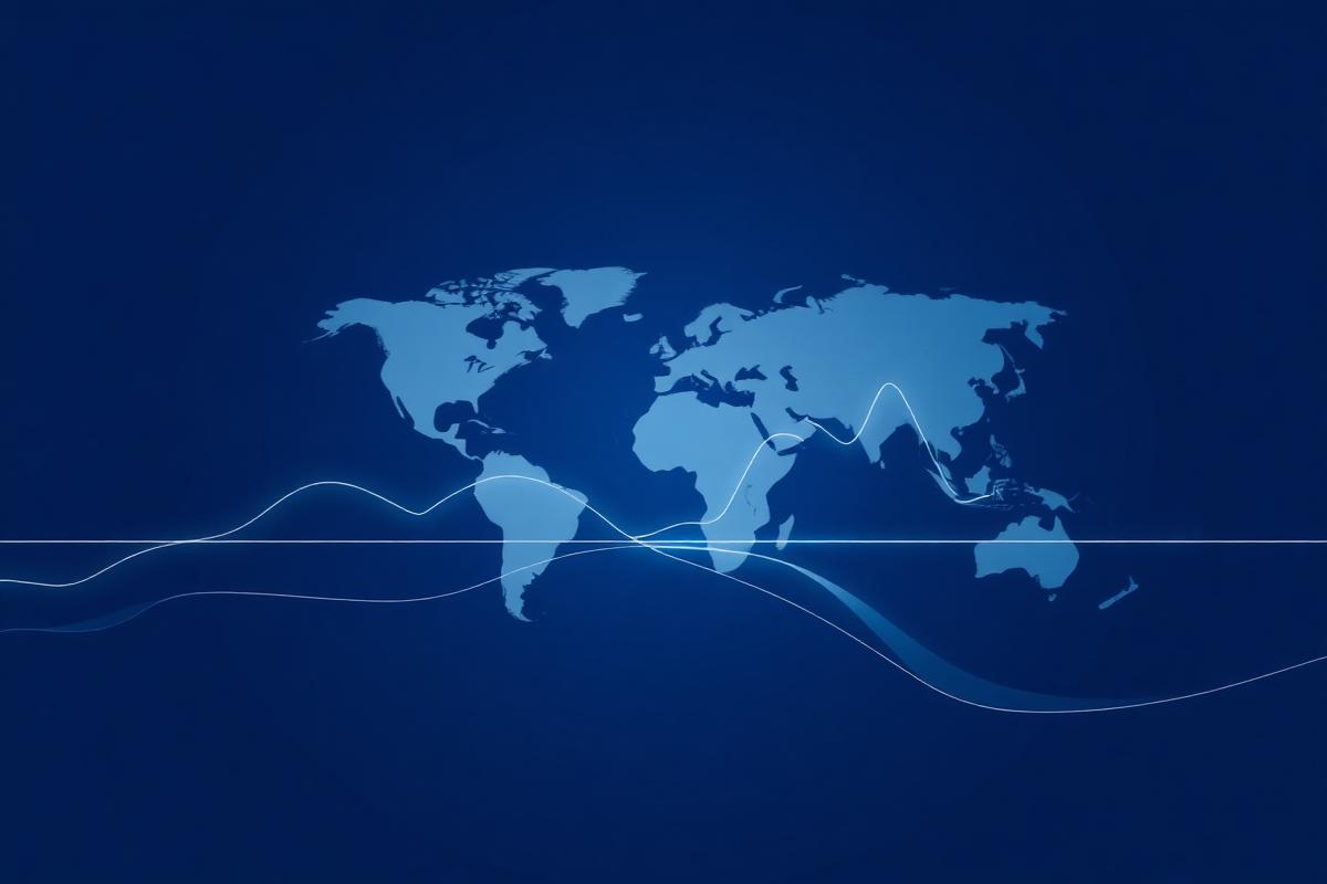 Mapa-múndi com linhas de fluxo financeiro representando operações internacionais